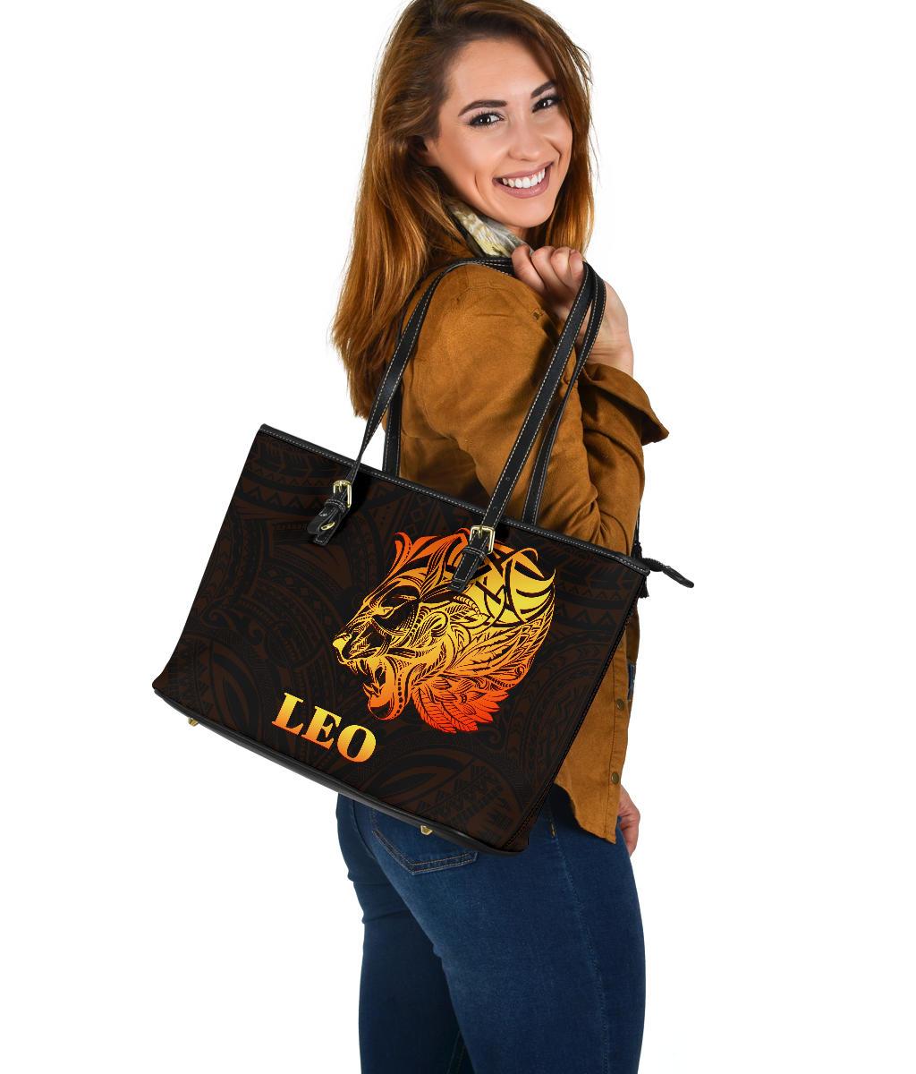 Sun In Leo Zodiac Large Leather Tote Polynesian Tattoo Simple - Orange Black - Polynesian Pride