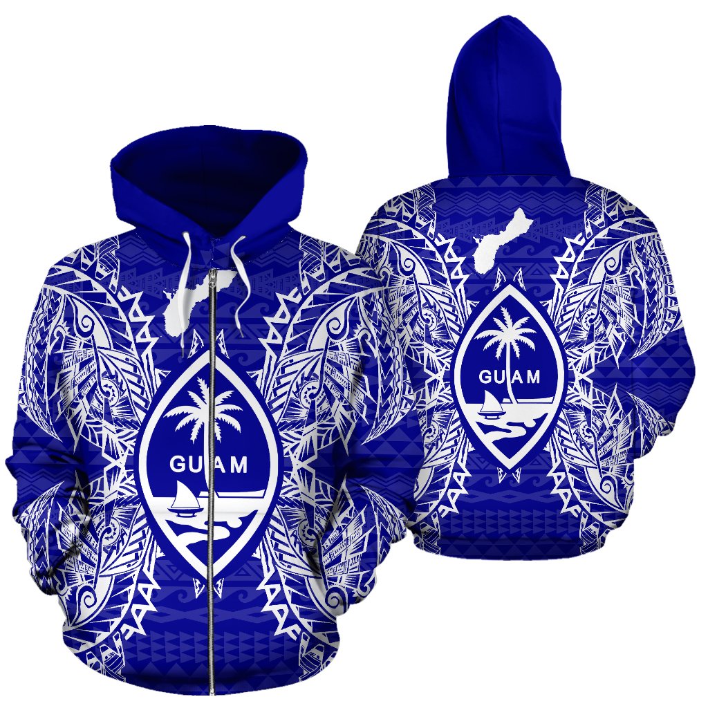 Guam Polynesian All Over Zip up Hoodie Map Blue Unisex Blue - Polynesian Pride