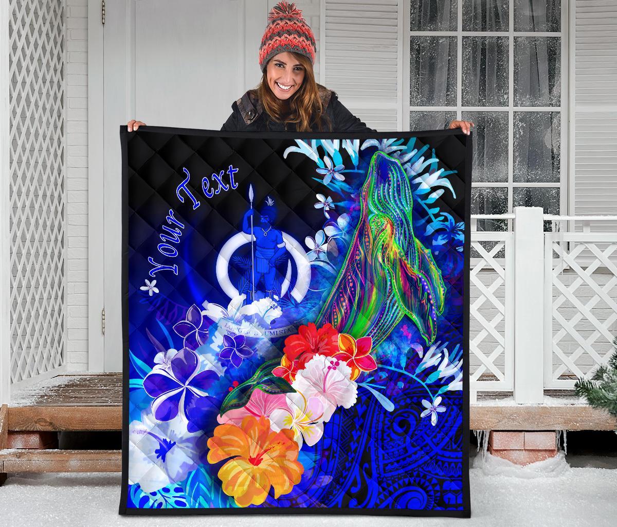Vanuatu Custom Personalised Premium Quilt - Humpback Whale with Tropical Flowers (Blue) - Polynesian Pride
