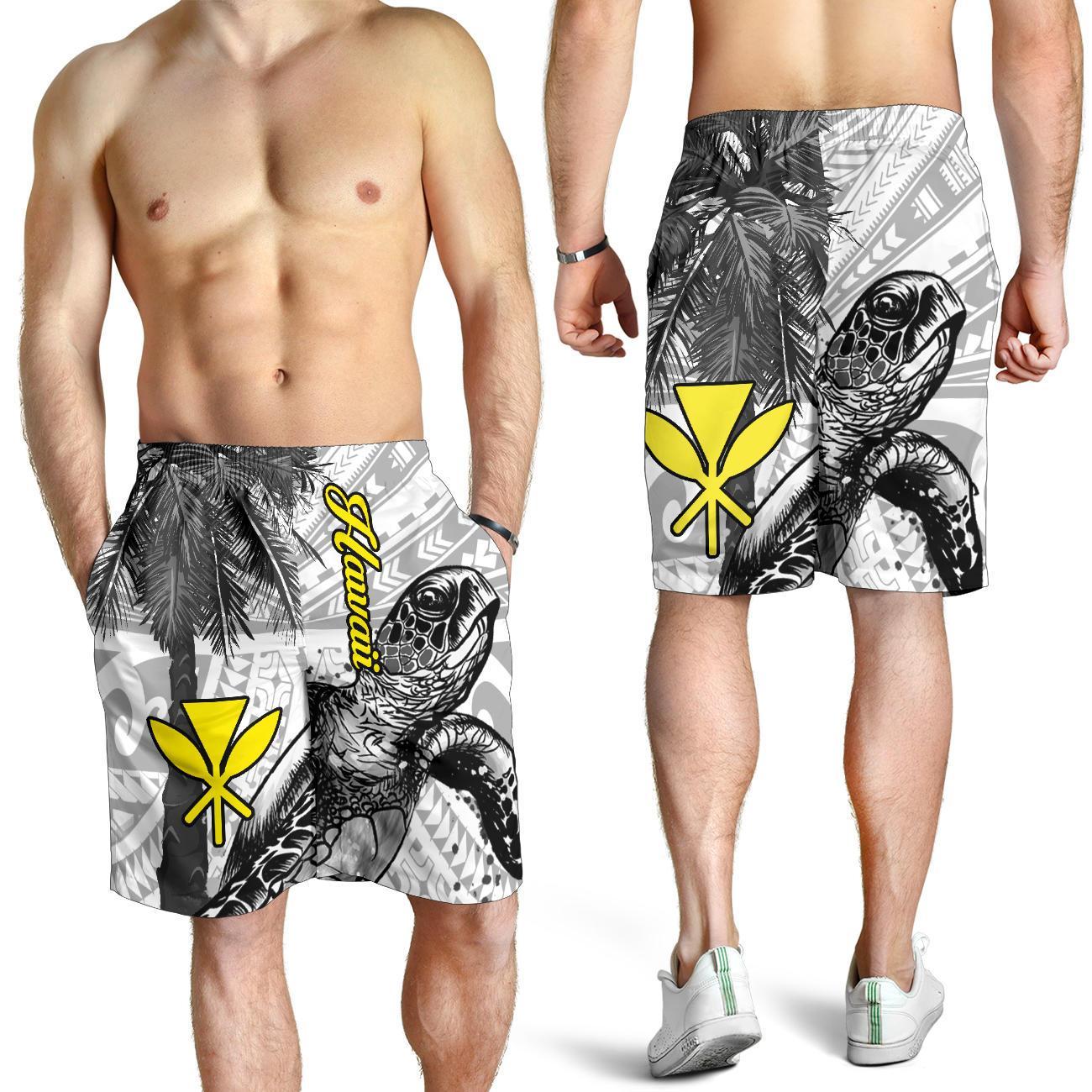 Hawaii Men's Shorts - Turtle Palm Tree White White - Polynesian Pride