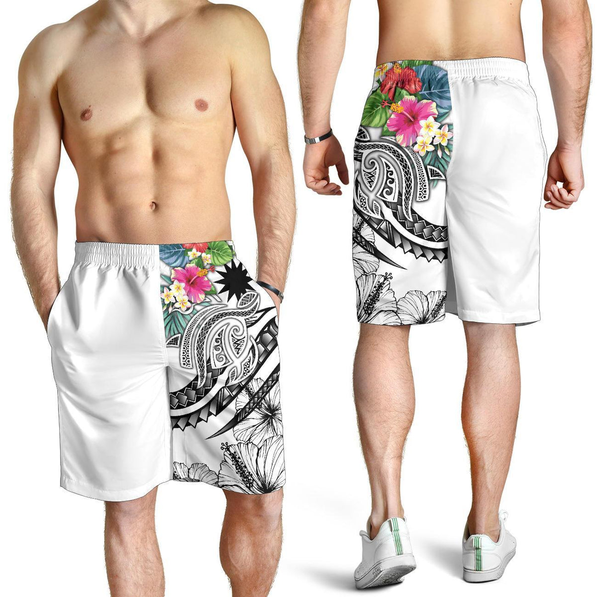 Nauru Polynesian Men's Shorts - Summer Plumeria (White) - Polynesian Pride