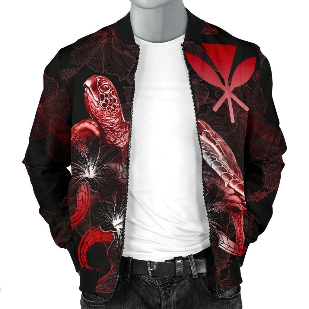 Hawaii Polynesian Men's Bomber Jacket - Turtle With Blooming Hibiscus Red - Polynesian Pride