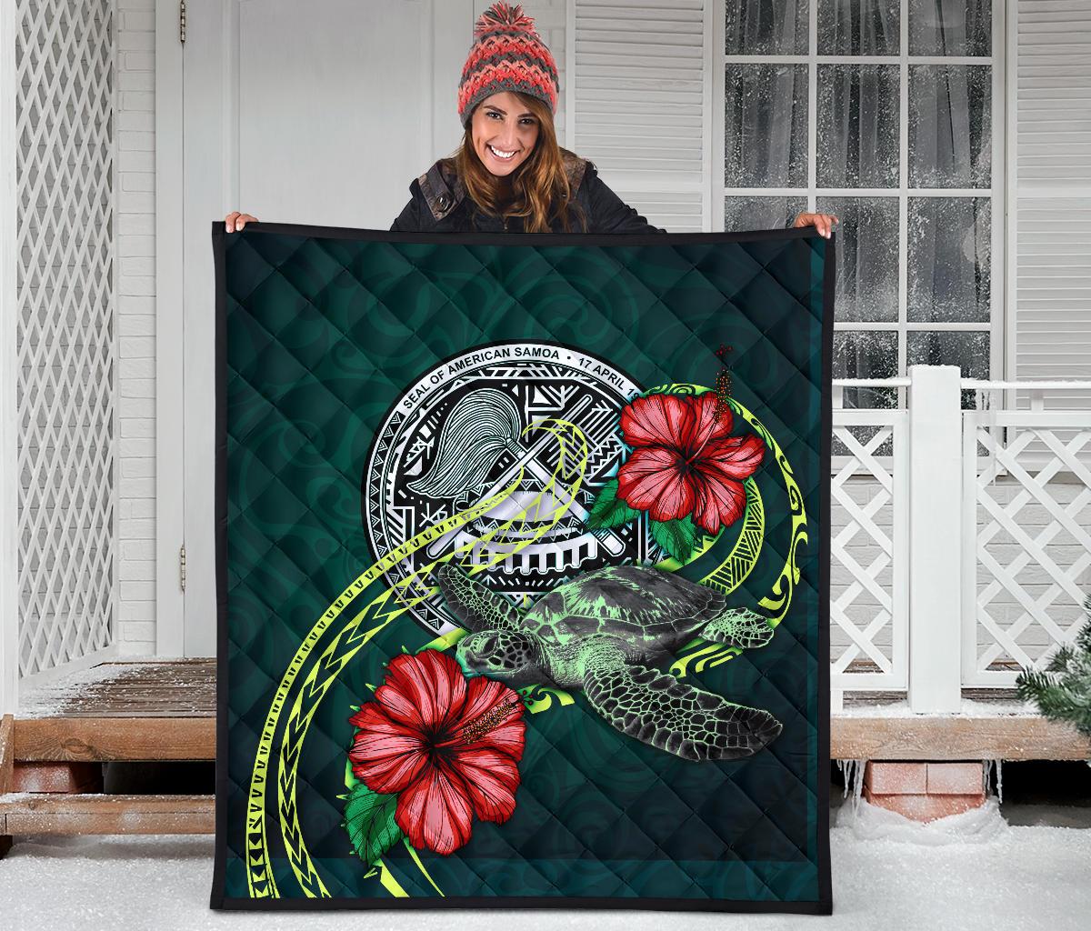 American Samoa Polynesian Premium Quilt - Green Turtle Hibiscus - Polynesian Pride