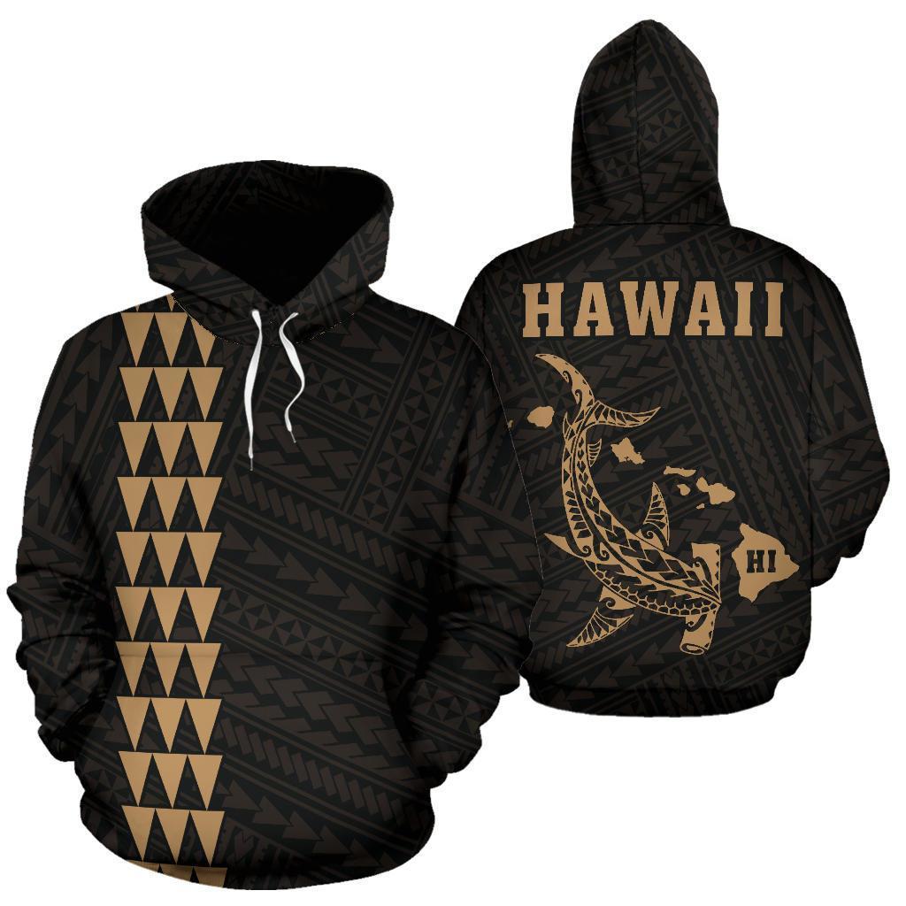 Polynesian Kakau Hammerhead Shark Map of Hawaii Hoodie KIDS Gold Unisex Art - Polynesian Pride