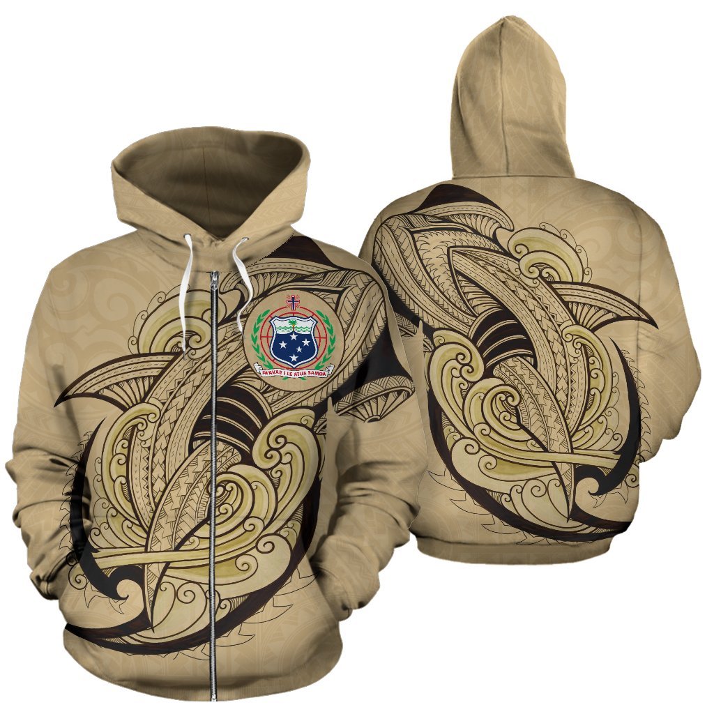 Samoa Zip up Hoodie Samoa Coat of Arms Polynesian Shark Pattern TH0 Unisex Gold - Polynesian Pride