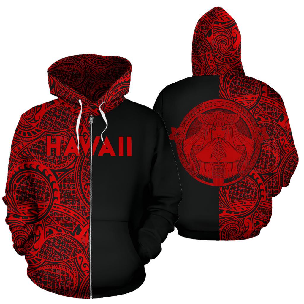Polynesian Madame Pele Kanaka Hawaii Zip Hoodie The Half Red Unisex Red - Polynesian Pride