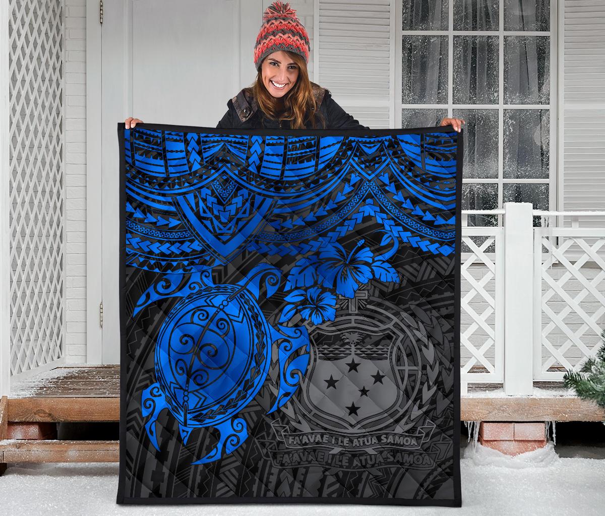 Samoa Polynesian Premium Quilt - Samoa Coat Of Arms & Blue Turtle Hibiscus - Polynesian Pride