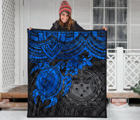 Samoa Polynesian Premium Quilt - Samoa Coat Of Arms & Blue Turtle Hibiscus - Polynesian Pride