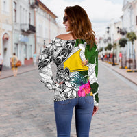 Tokelau Women's Off Shoulder Sweater White - Turtle Plumeria Banana Leaf - Polynesian Pride
