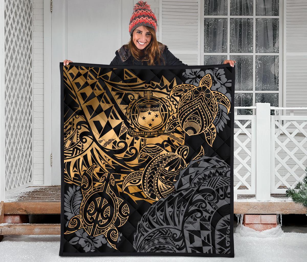 Samoa Polynesian Premium Quilt - Gold Turtle Flowing - Polynesian Pride