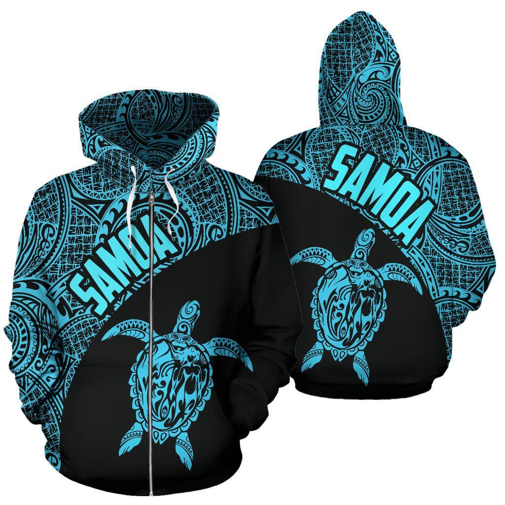 Samoa Zip up Hoodie Samoa Turtle Mermaid Polynesian Tattoo Blue Unisex Black - Polynesian Pride