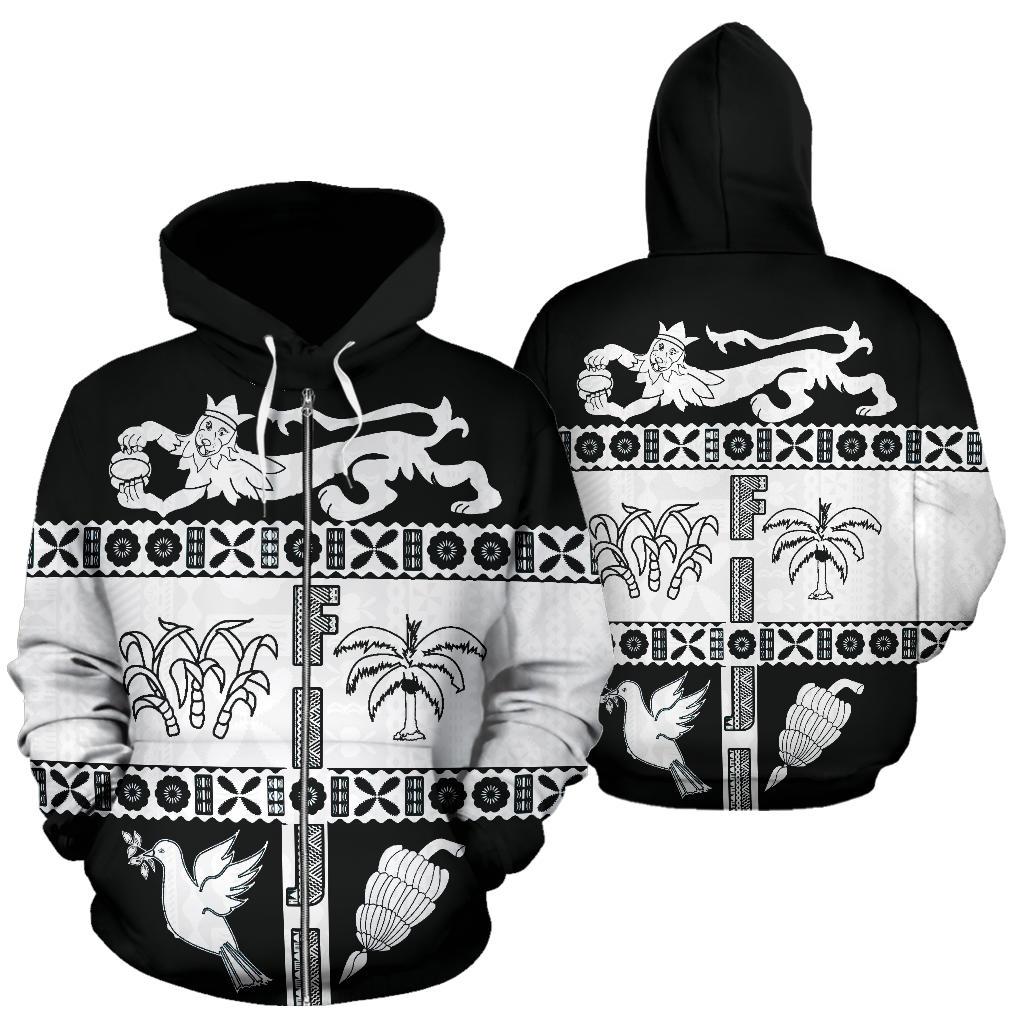 Fiji Tapa Zip Hoodie Fiji White Coat of Arms Unisex White - Polynesian Pride