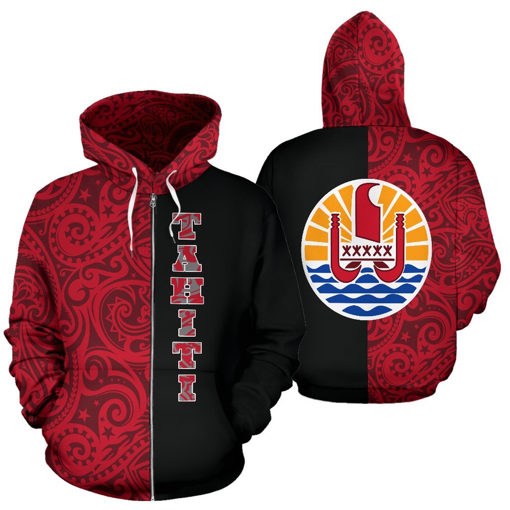 Tahiti Zip Hoodie Tahiti Flag Polynesian Tattoo Half Unisex RED - Polynesian Pride