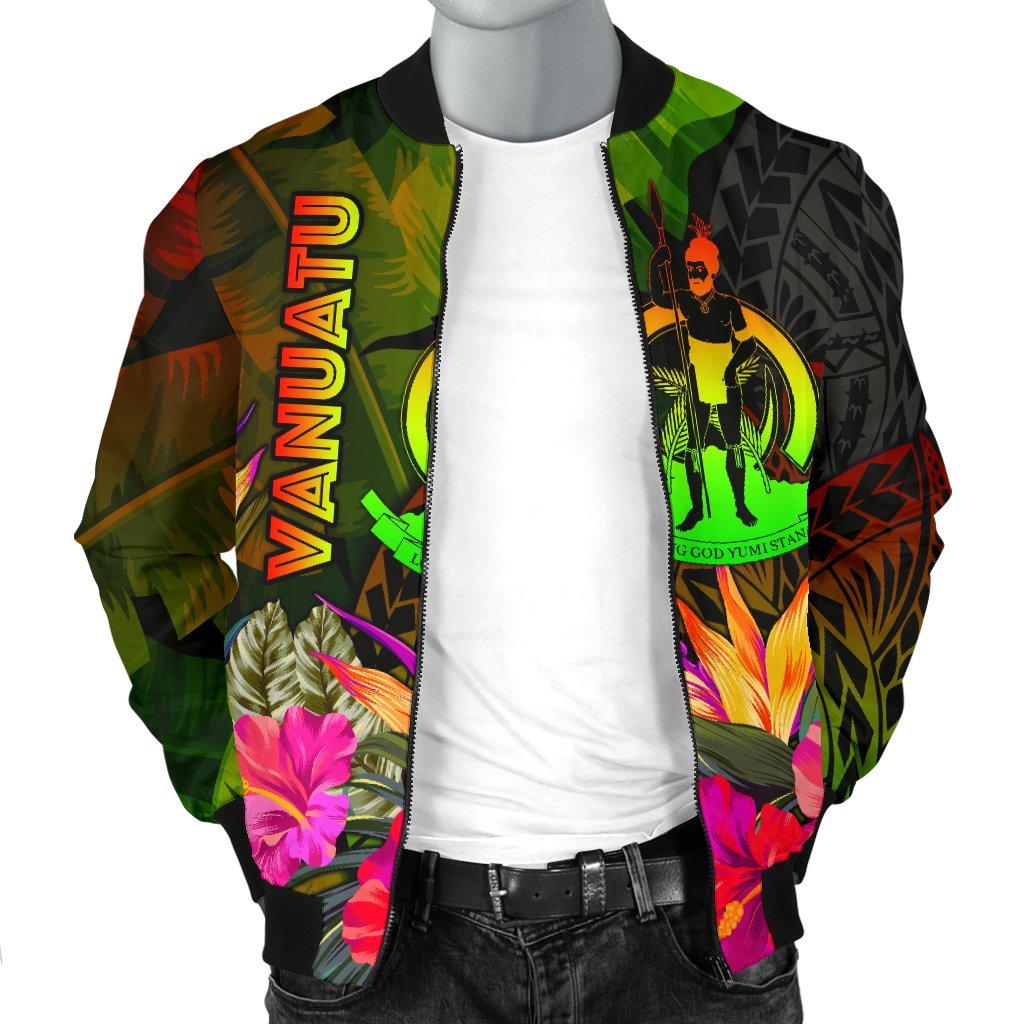 Vanuatu Polynesian Men's Bomber Jacket - Hibiscus and Banana Leaves - Polynesian Pride