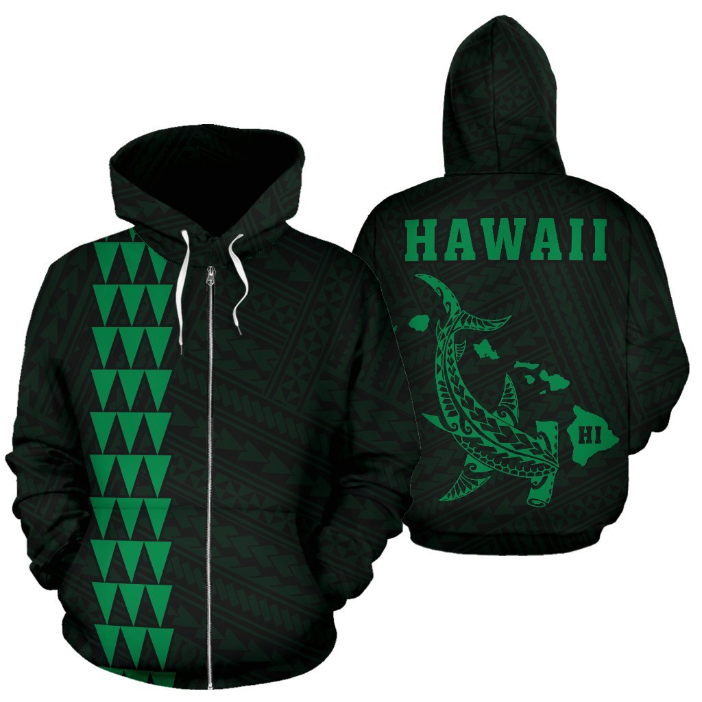 Hawaii Kakau Polynesian Green Hammerhead Shark Hoodie (Zip) Unisex Green - Polynesian Pride