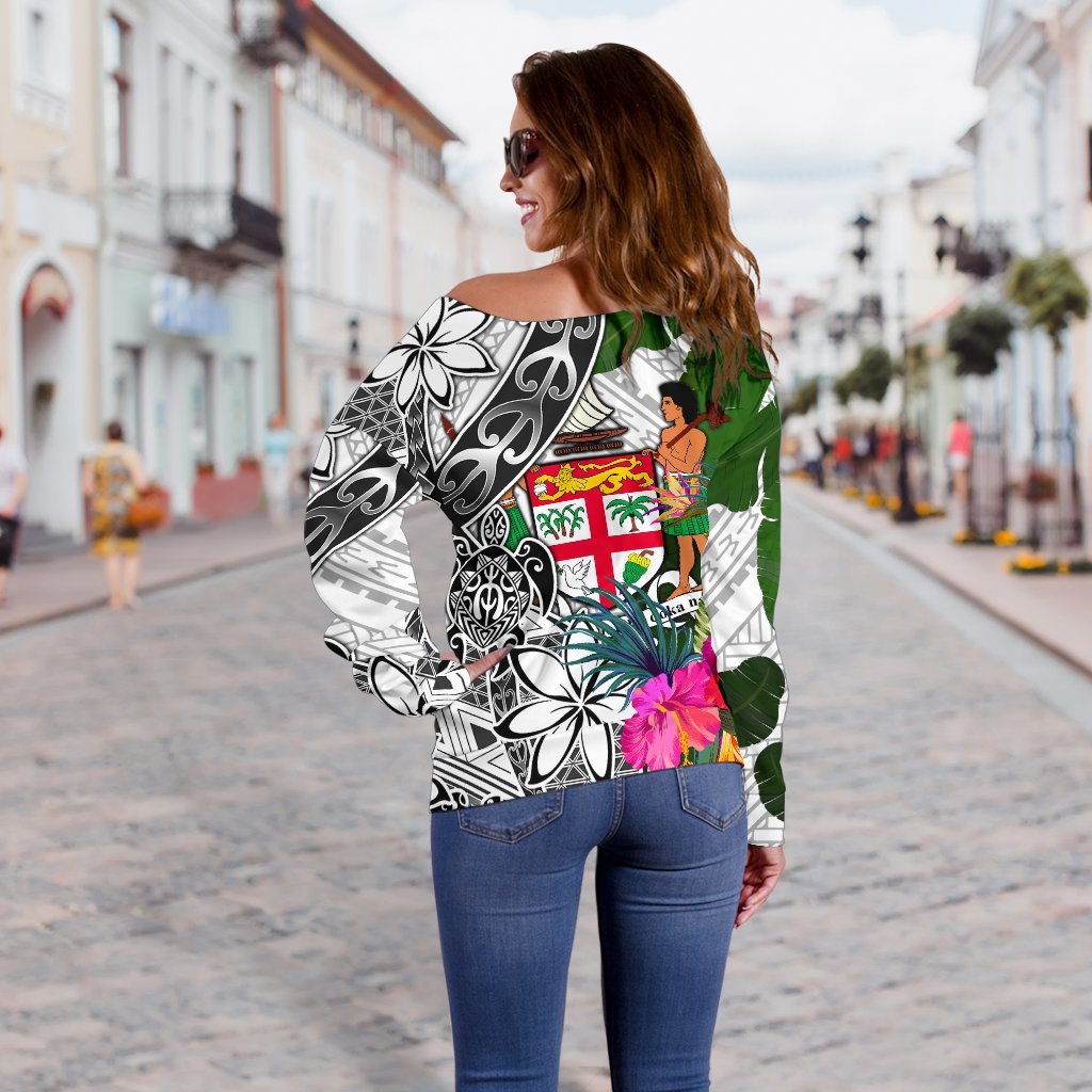 Fiji Women's Off Shoulder Sweater White - Turtle Plumeria Banana Leaf Crest - Polynesian Pride