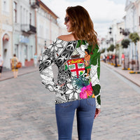 Fiji Women's Off Shoulder Sweater White - Turtle Plumeria Banana Leaf Crest - Polynesian Pride