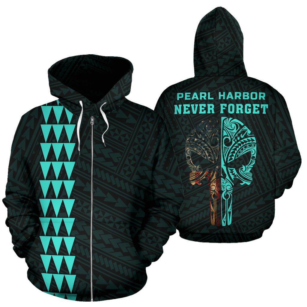 Polynesian Kakau Skull Hawaii Zip Hoodie National Pearl Harbor Remembrance Day Turquoise Unisex Turquoise - Polynesian Pride