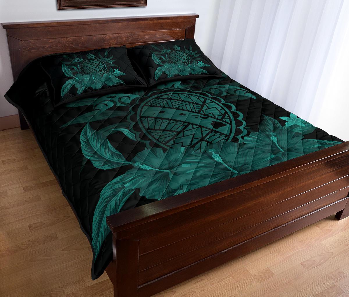 Hawaii Turtle Map Hibiscus Quilt Bed Set - Turquoise - Polynesian Pride