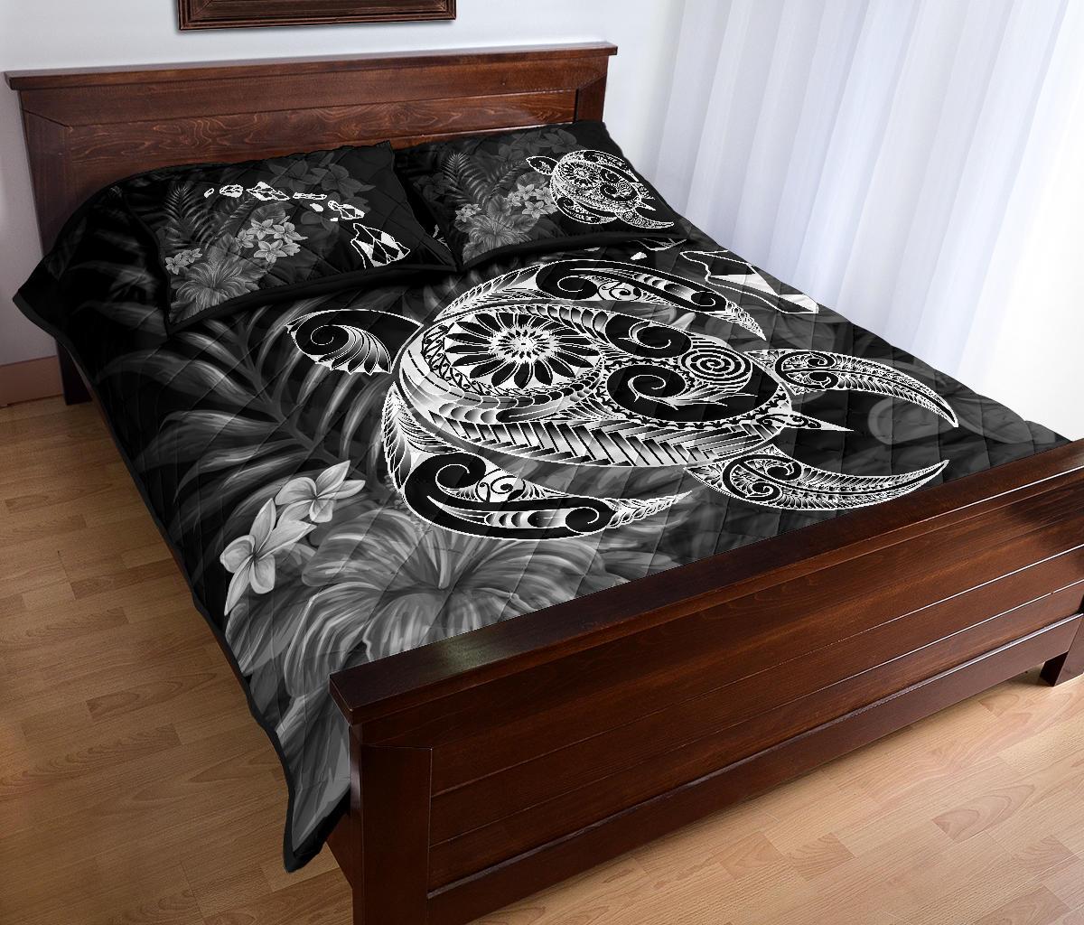 Hawaii Turtle Map Hibiscus Polynesian White Quilt Bed Set - Polynesian Pride