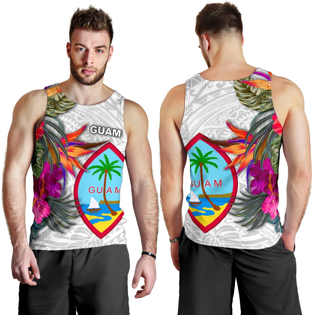 Guam Men's Tank Top Polynesian Hibiscus White Pattern White - Polynesian Pride