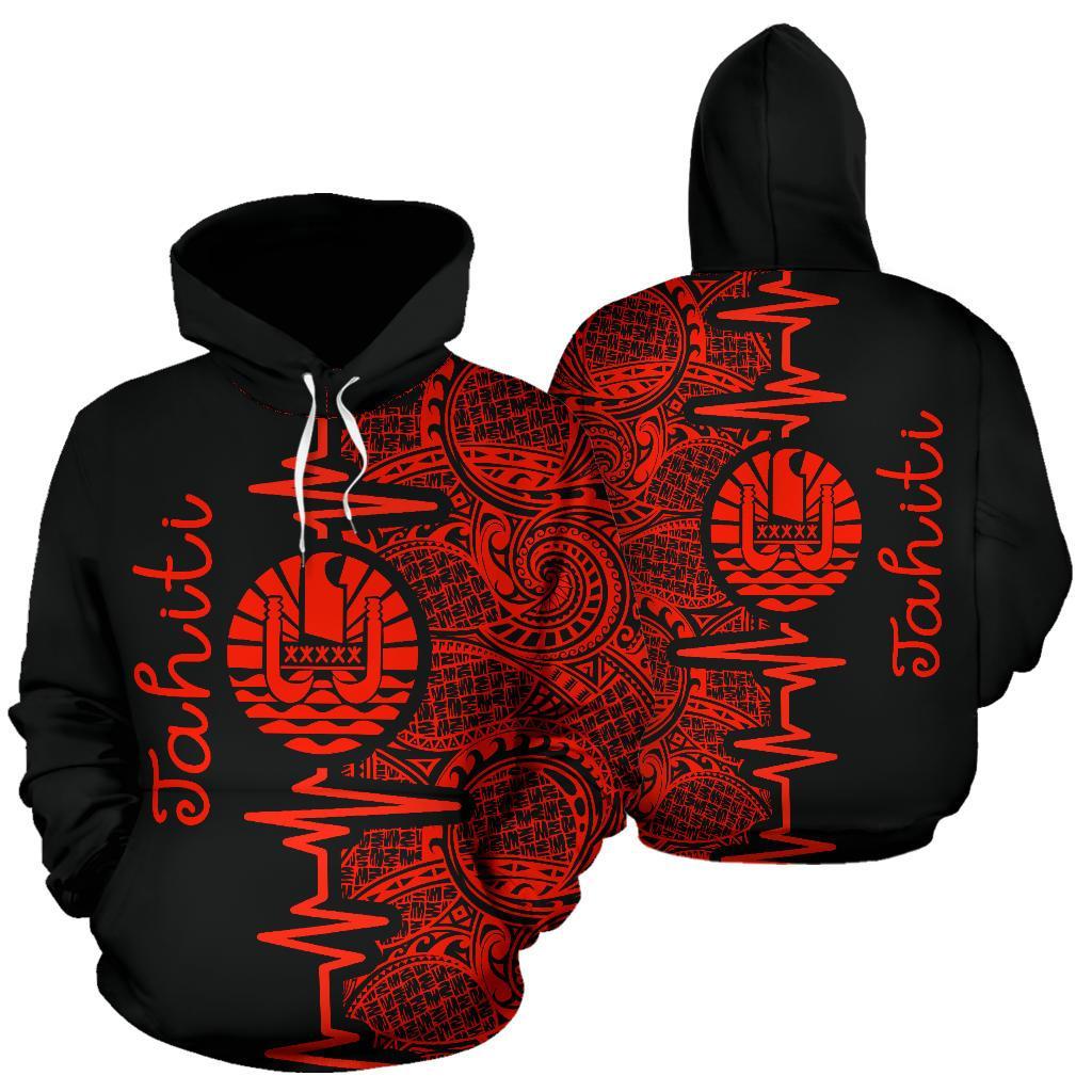 Tahiti Polynesian Hoodie Tahiti Flag Heartbeat Pattern Red Version TH0 Unisex Red - Polynesian Pride