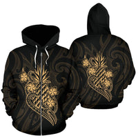 Polynesian All Over Zip up Hoodie Gold Pineapple Unisex Black - Polynesian Pride