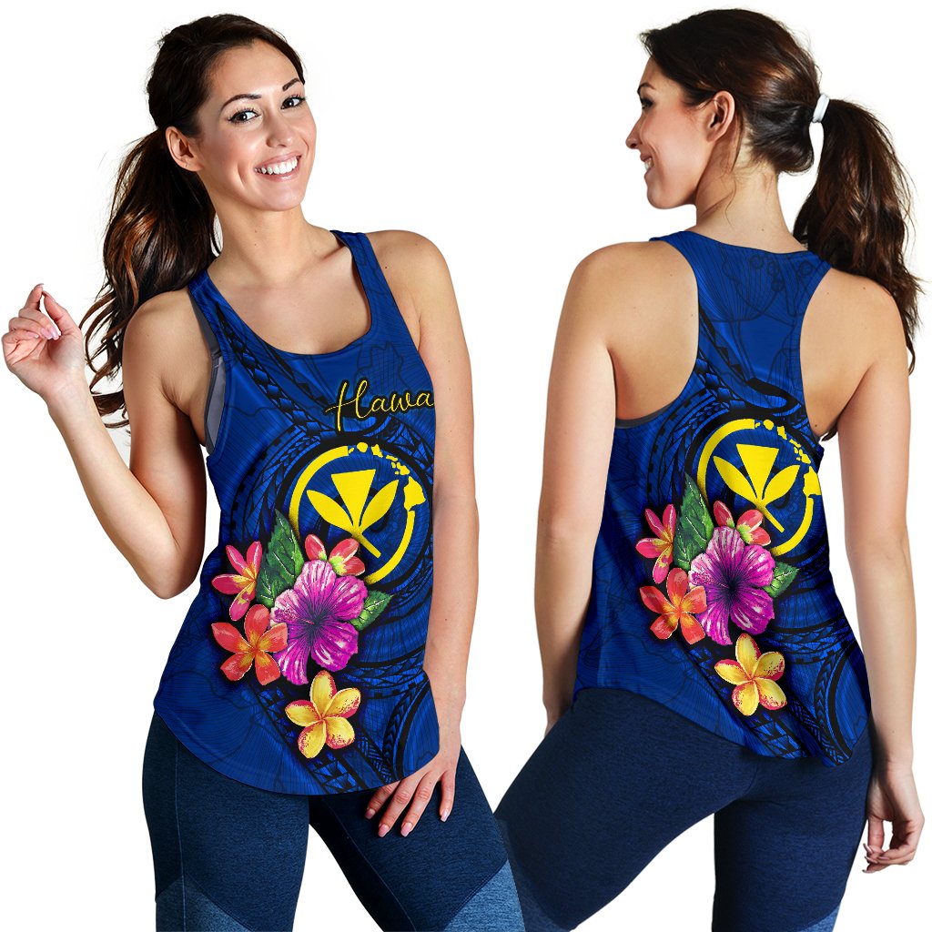 Hawaii Polynesian Women's Racerback Tank - Floral With Seal Blue Blue - Polynesian Pride