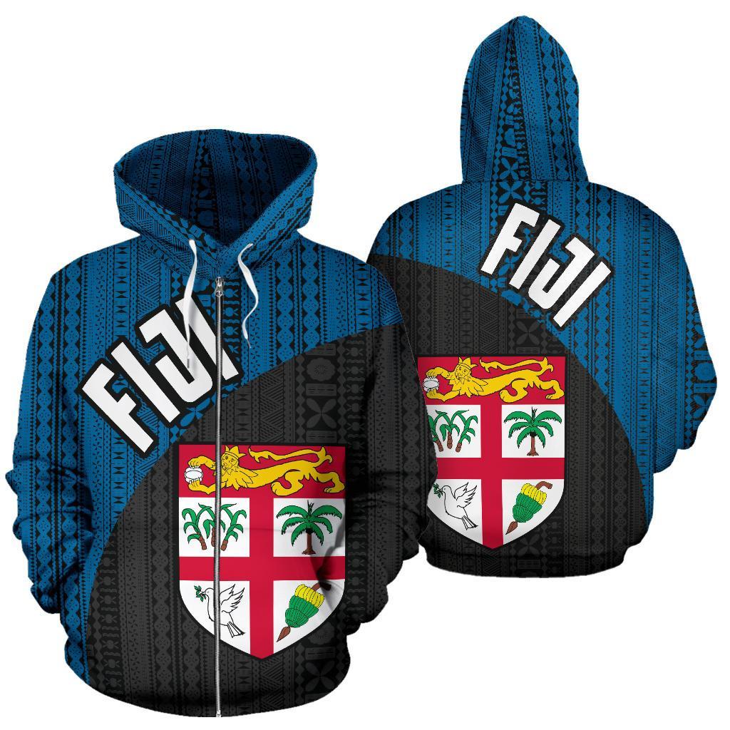 Fiji Tapa Zip up Hoodie Fiji Flag Blue Dark Unisex Black - Polynesian Pride