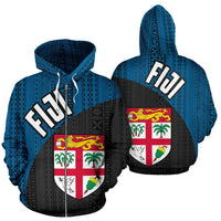 Fiji Tapa Zip up Hoodie Fiji Flag Blue Dark Unisex Black - Polynesian Pride