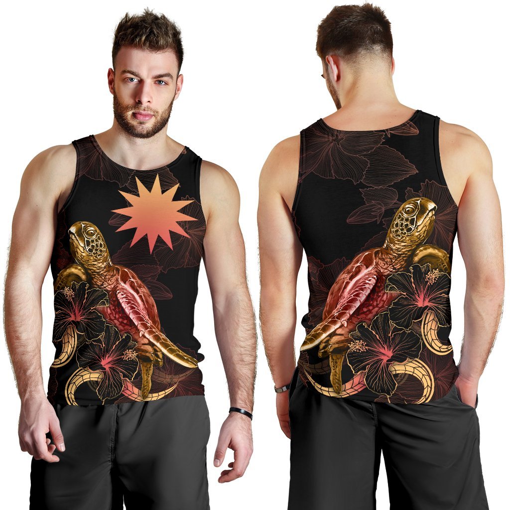 Nauru Men Tank Top - Turtle With Blooming Hibiscus Gold - Polynesian Pride