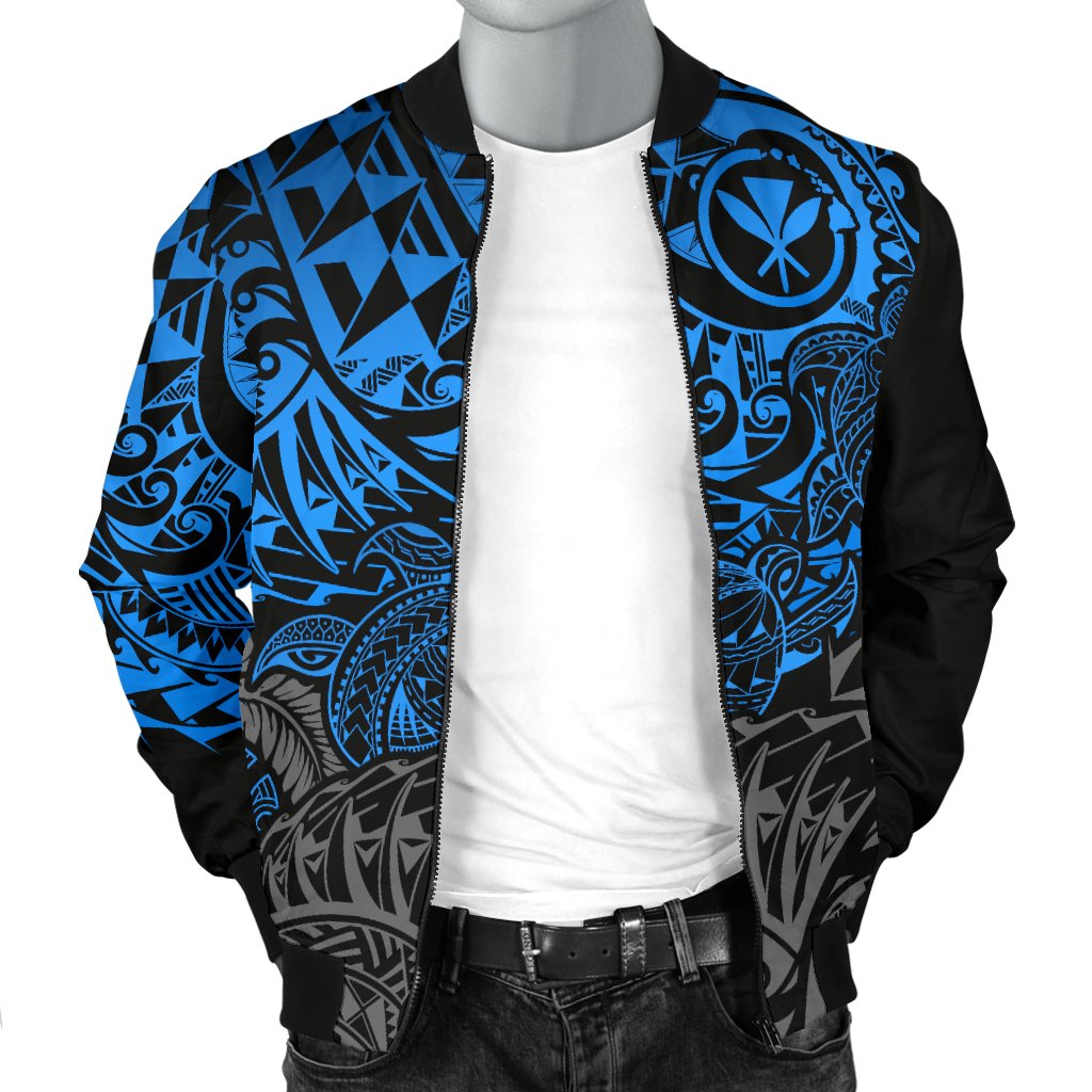 Polynesian Hawaii (Kanaka Maoli) Men Bomber Jacket - Blue Hibiscus Turtle Flowing - Polynesian Pride