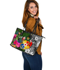 Tonga Large Leather Tote Bag - Turtle Plumeria Banana Leaf - Polynesian Pride