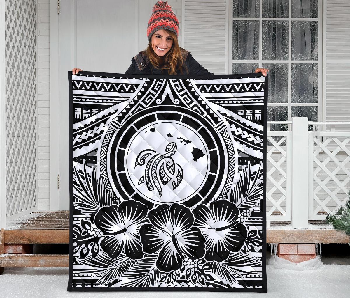 Hawaii Premium Quilt - Hawaii Map Honu Hibiscus White Polynesian Premium Quilt - Polynesian Pride