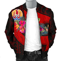 Tahiti Men's Bomber Jacket - Polynesian Hook And Hibiscus (Red) - Polynesian Pride