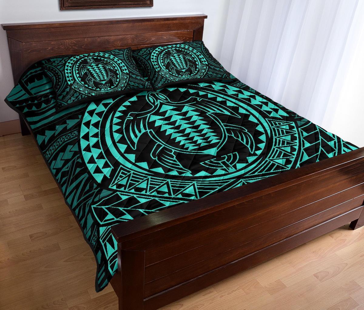 Hawaiian Kakau Honu Arc Turquoise Polynesian Quilt Bed Set - Polynesian Pride