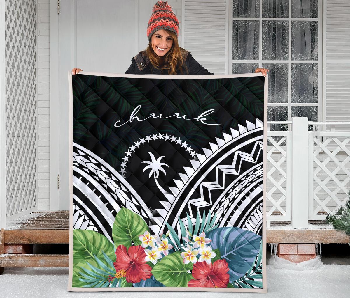 Chuuk Premium Quilt - Chuuk Coat of Arms & Polynesian Tropical Flowers White - Polynesian Pride