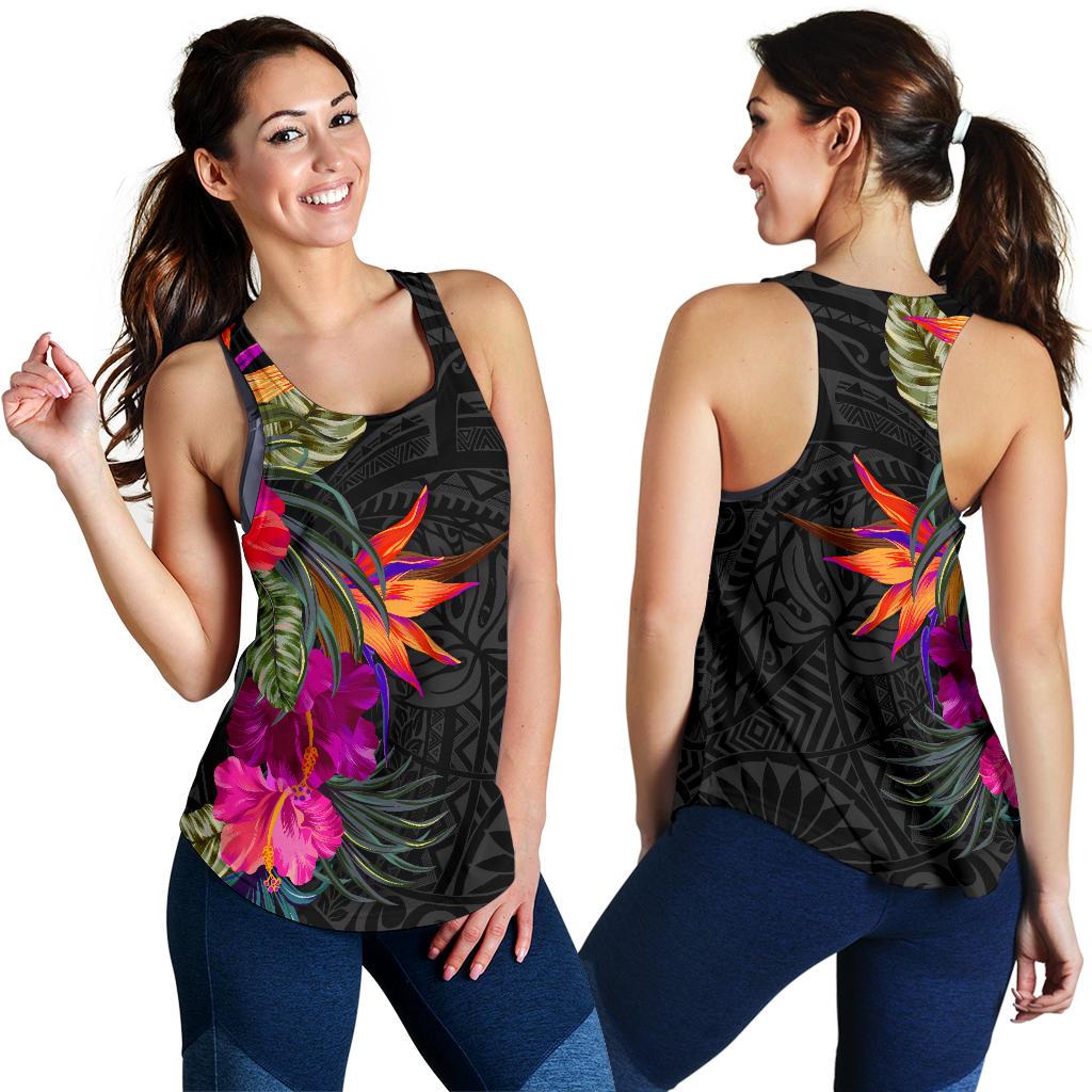 Polynesian Women's Racerback Tank - Hibiscus Pattern Black - Polynesian Pride