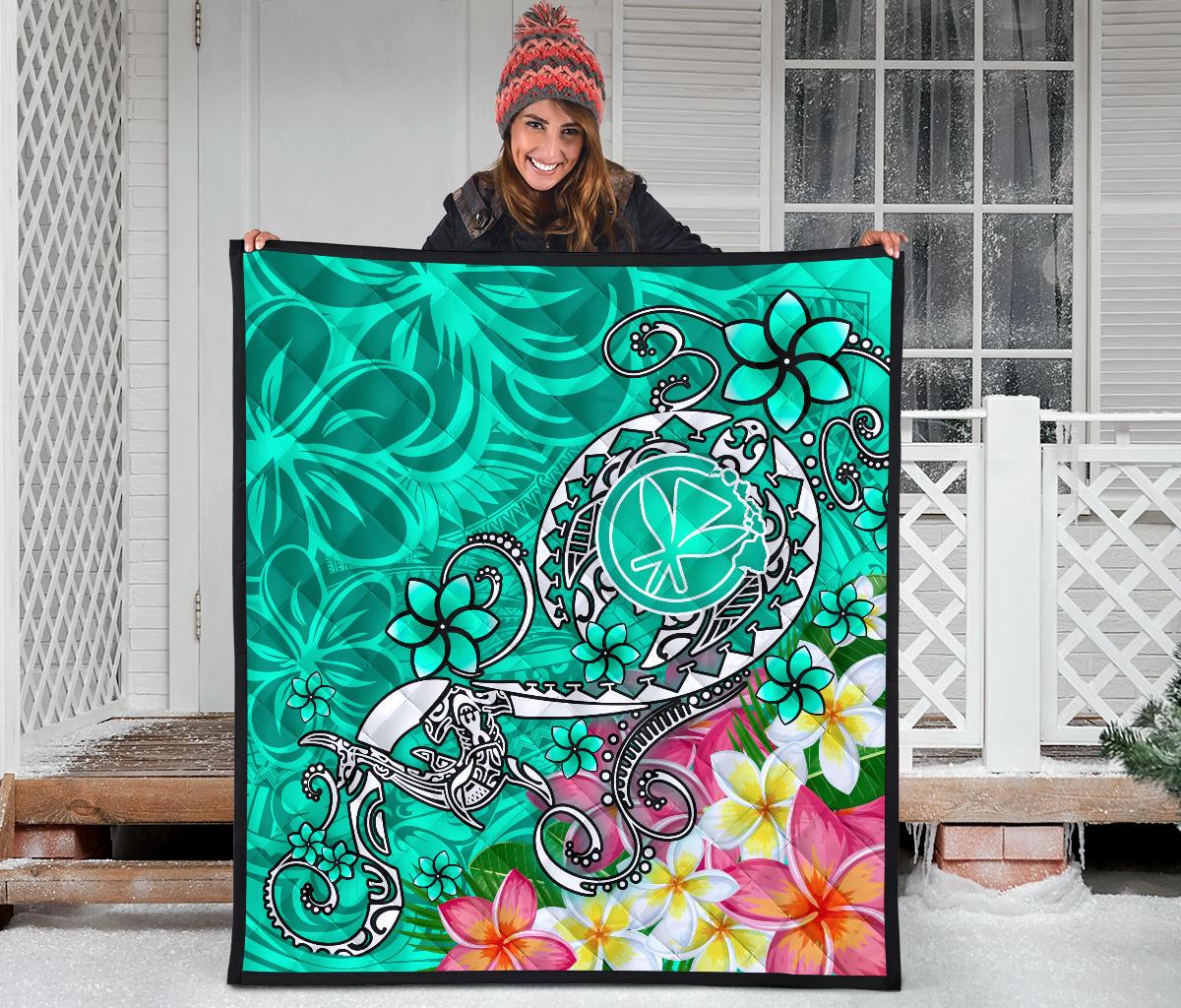 Hawaii Premium Quilt - Turtle Plumeria Polynesian Tattoo Turquoise Color - Polynesian Pride