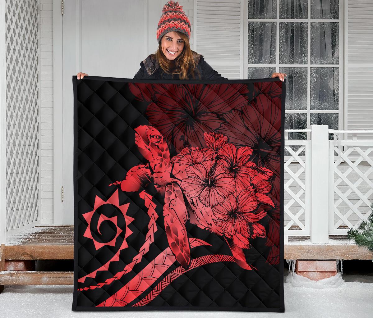 Hawaii Turtle Hibiscus Polynesian Vintage Premium Quilt - Red - Polynesian Pride