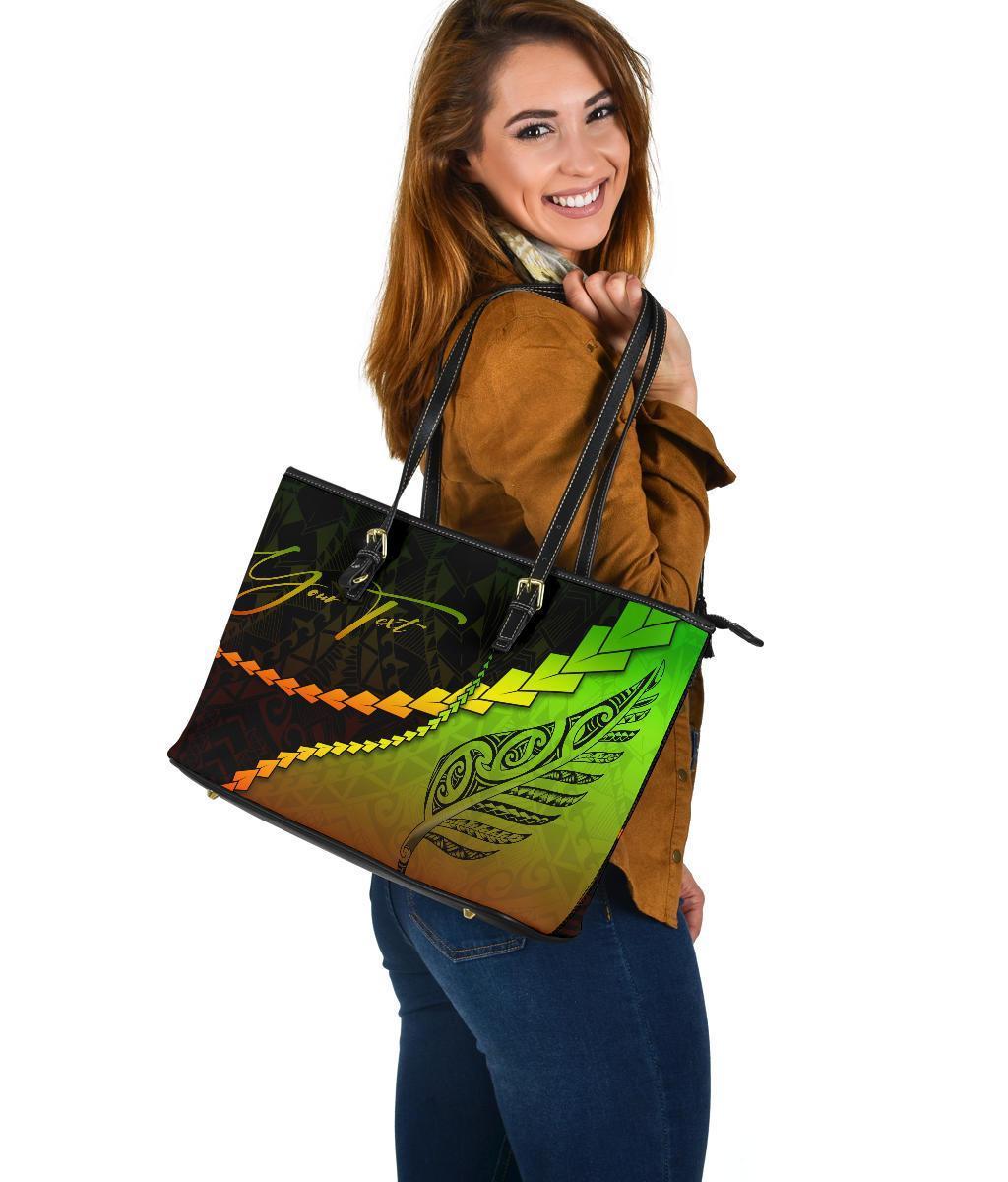 (Signature Custom) Maori Silver Fern Leather Tote Bag, Reggae - Polynesian Pride