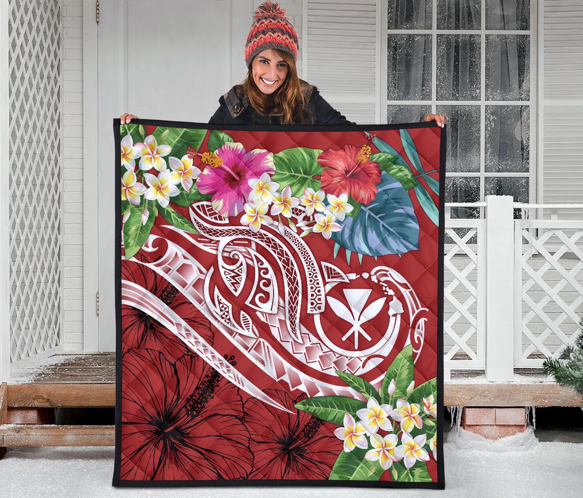 Polynesian Hawaii Kanaka Maoli Premium Quilt - Summer Plumeria (Red) - Polynesian Pride