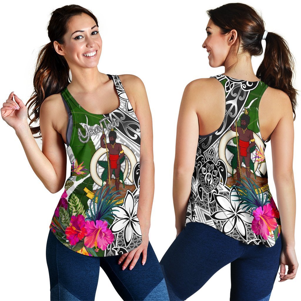 Vanuatu Custom Personalised Women's Racerback Tank White - Turtle Plumeria Banana Leaf - Polynesian Pride