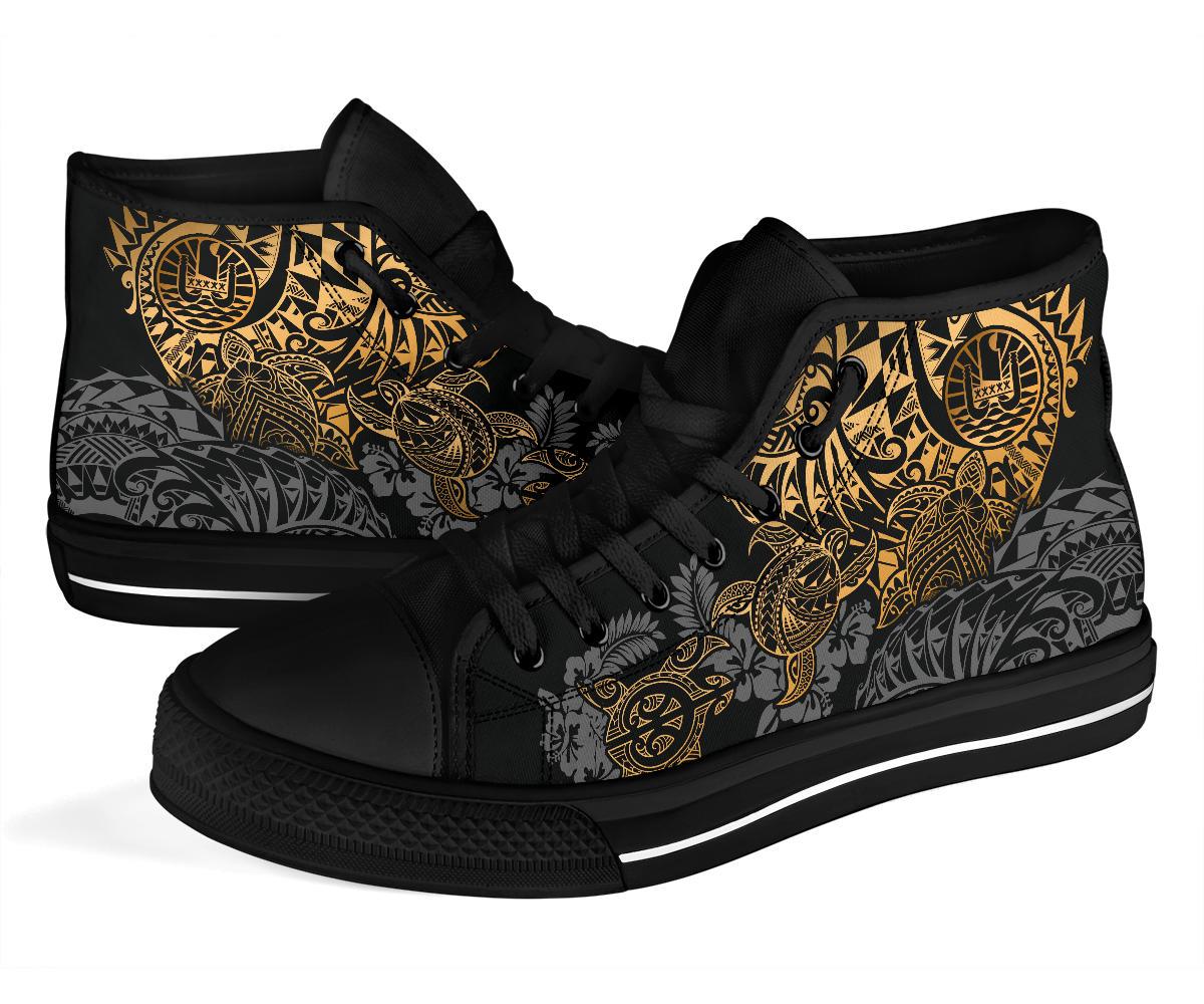 Tahiti Polynesian High Top Shoes - Gold Turtle Hibiscus Flowing - Polynesian Pride