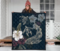 Hawaii Tropical Hibiscus Turtle Shark Aumakua Premium Quilt - Lucas Style - Blue - Polynesian Pride