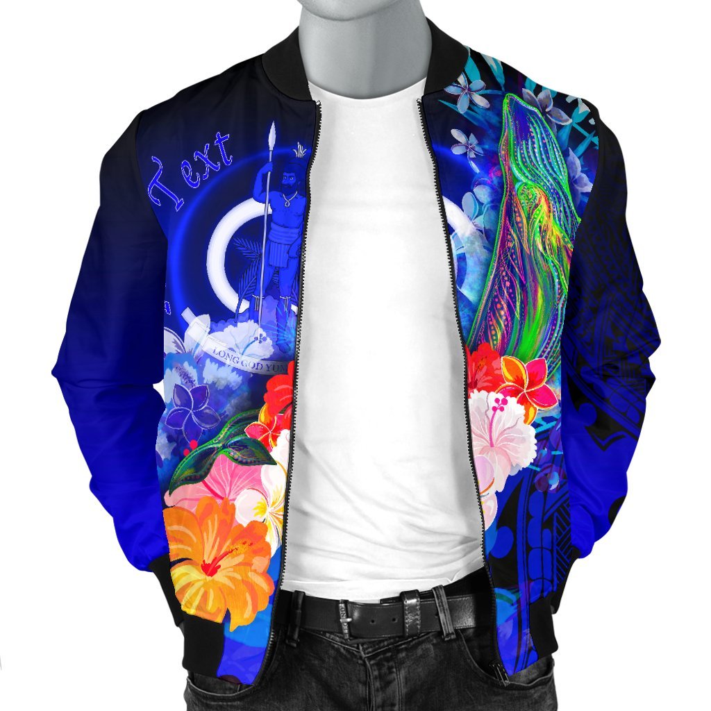 Vanuatu Custom Personalised Men's Bomber Jacket - Humpback Whale with Tropical Flowers (Blue) - Polynesian Pride