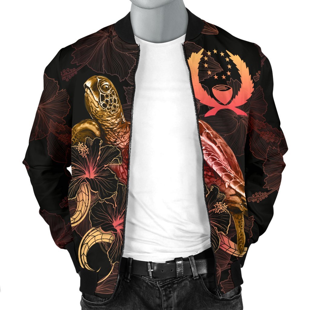 Pohnpei Polynesian Men's Bomber Jacket - Turtle With Blooming Hibiscus Gold - Polynesian Pride