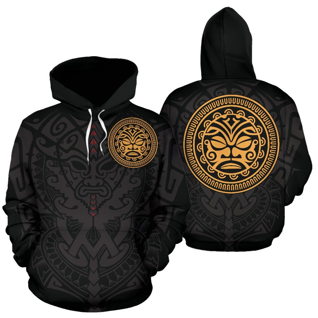 Polynesian All Over Hoodie Polynesian Face Tattoo 9 Unisex Black & GOLD - Polynesian Pride