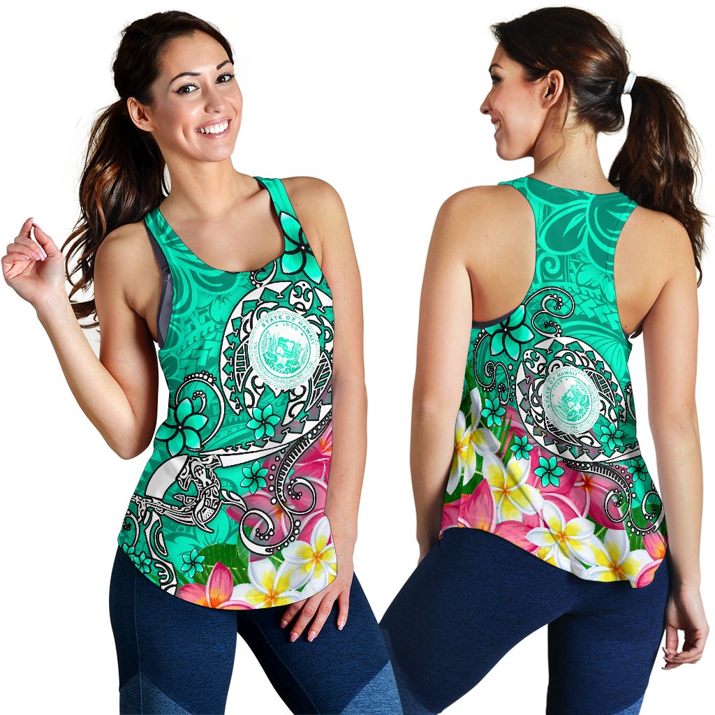 Hawaii Polynesian Women's Racerback Tank - Hawaii Seal With Turtle Plumeria (Turquoise) Turquoise - Polynesian Pride