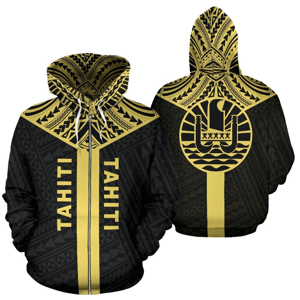 Tahiti Zip Hoodie Tahiti Flag Polynesian Tattoo Black A6 Unisex Black - Polynesian Pride